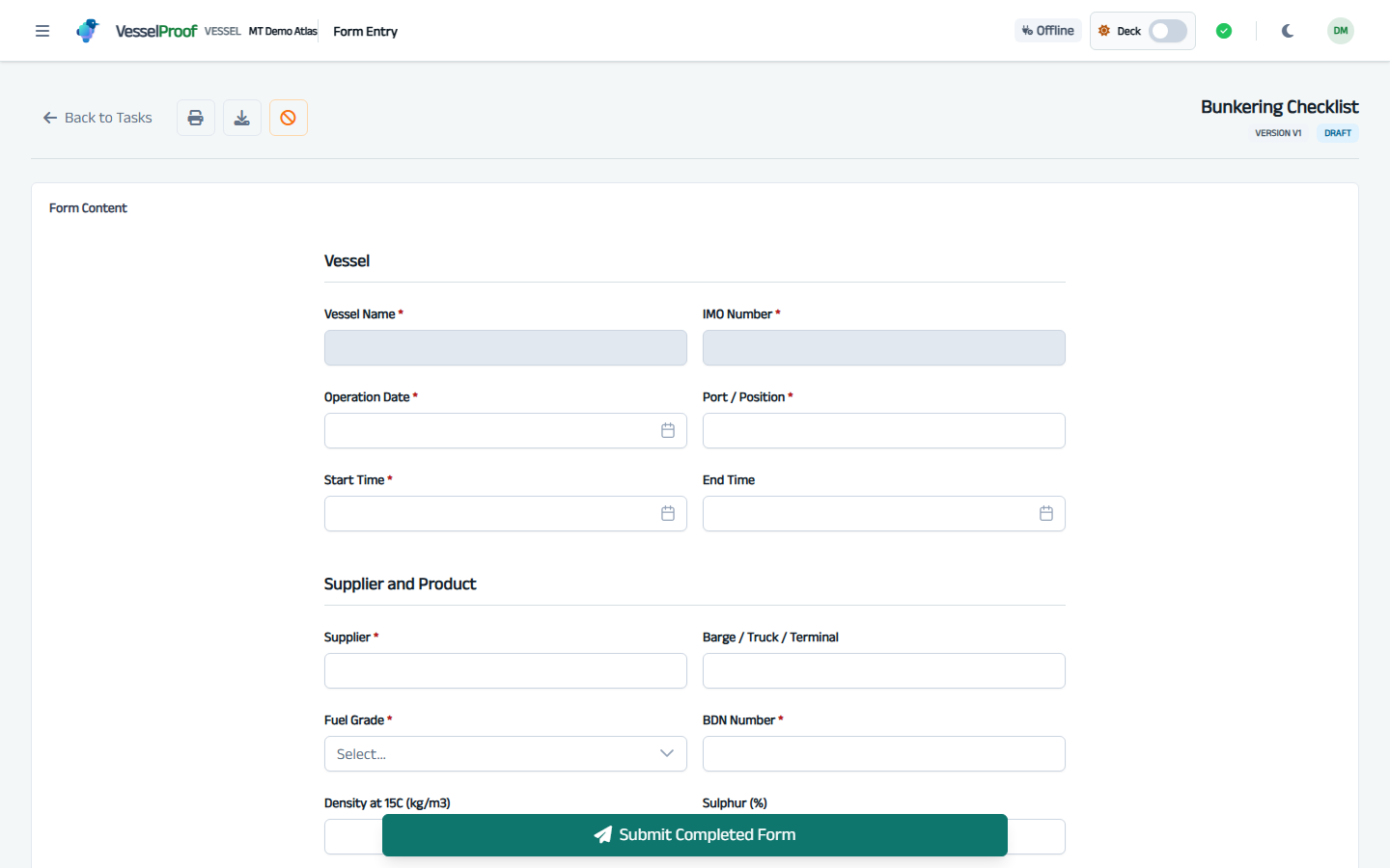VesselProof onboard bunkering checklist screen